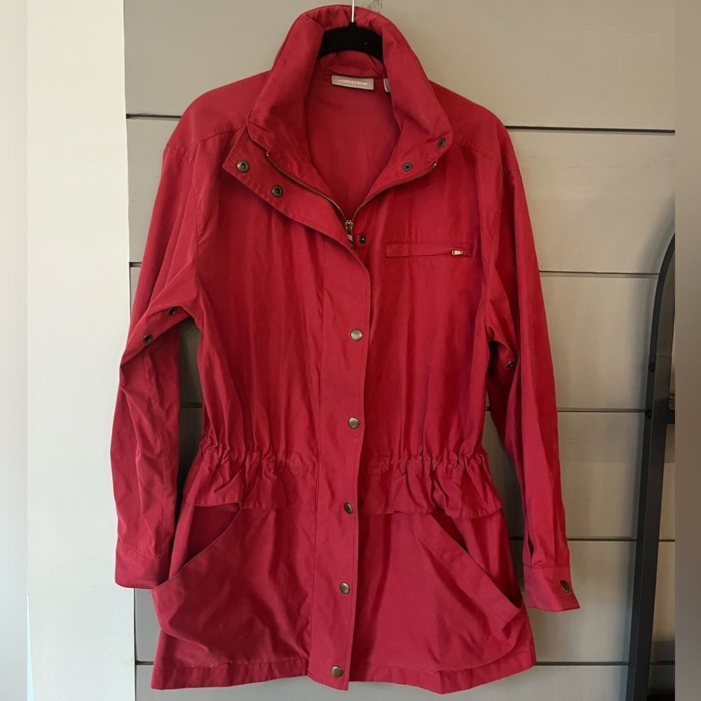 Vintage Nordstrom red rain jacket with zip up hood cinching at‎ waist size Small